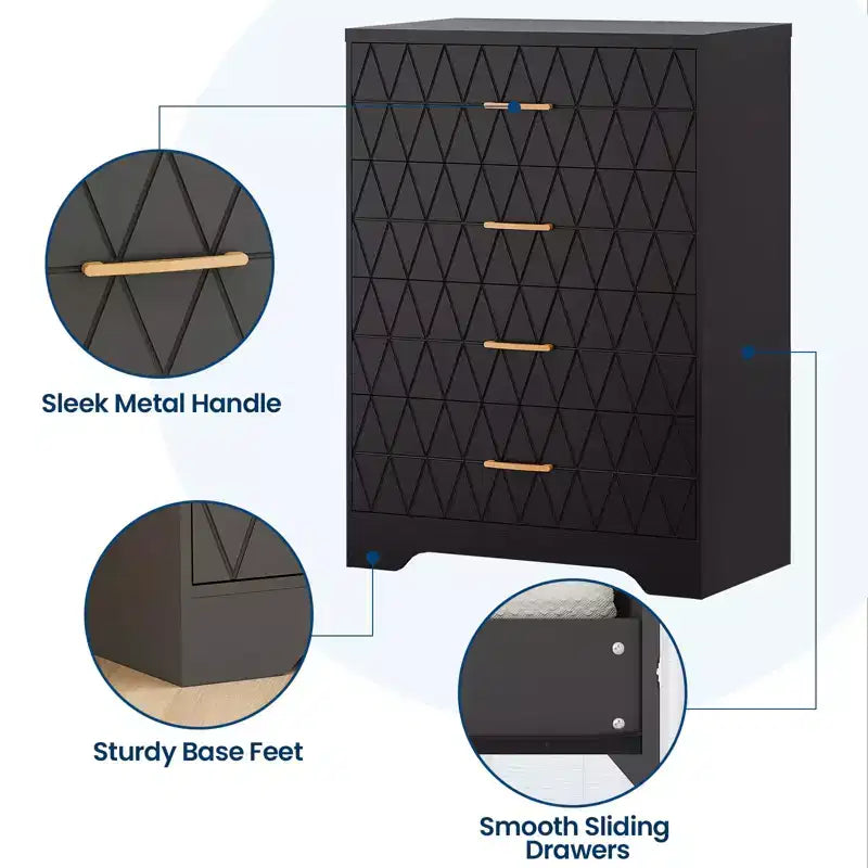 Commode en bois pour chambre à coucher avec 4 tiroirs, commode haute moderne, commode large avec poignées dorées, table de chevet commode, armoire de rangement