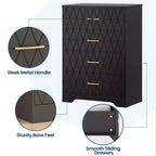 Commode en bois pour chambre à coucher avec 4 tiroirs, commode haute moderne, commode large avec poignées dorées, table de chevet commode, armoire de rangement