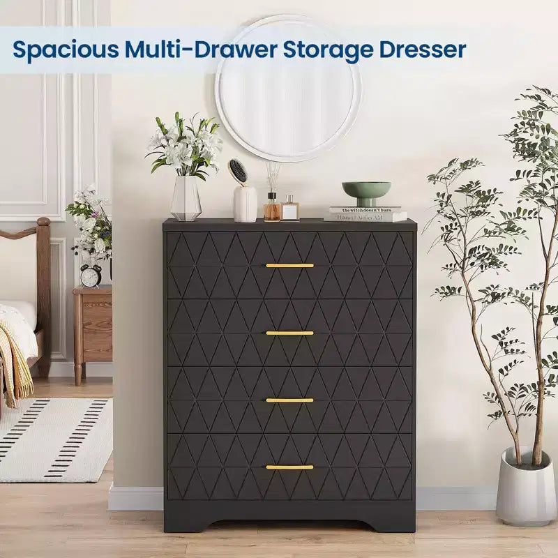 Commode en bois pour chambre à coucher avec 4 tiroirs, commode haute moderne, commode large avec poignées dorées, table de chevet commode, armoire de rangement