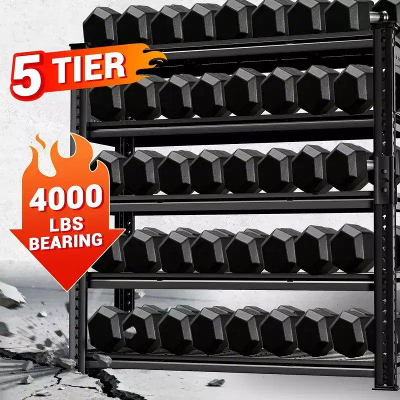 Étagère de rangement robuste pour garage BSMTEK 122 x 61 x 183 cm, étagère métallique à 5 niveaux avec étagères en treillis, noire