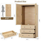 Armoire en bois de 69,5 po avec 2 portes à persiennes, garde-robe autoportante avec tringle à vêtements et grand rangement pour chambre à coucher, naturel