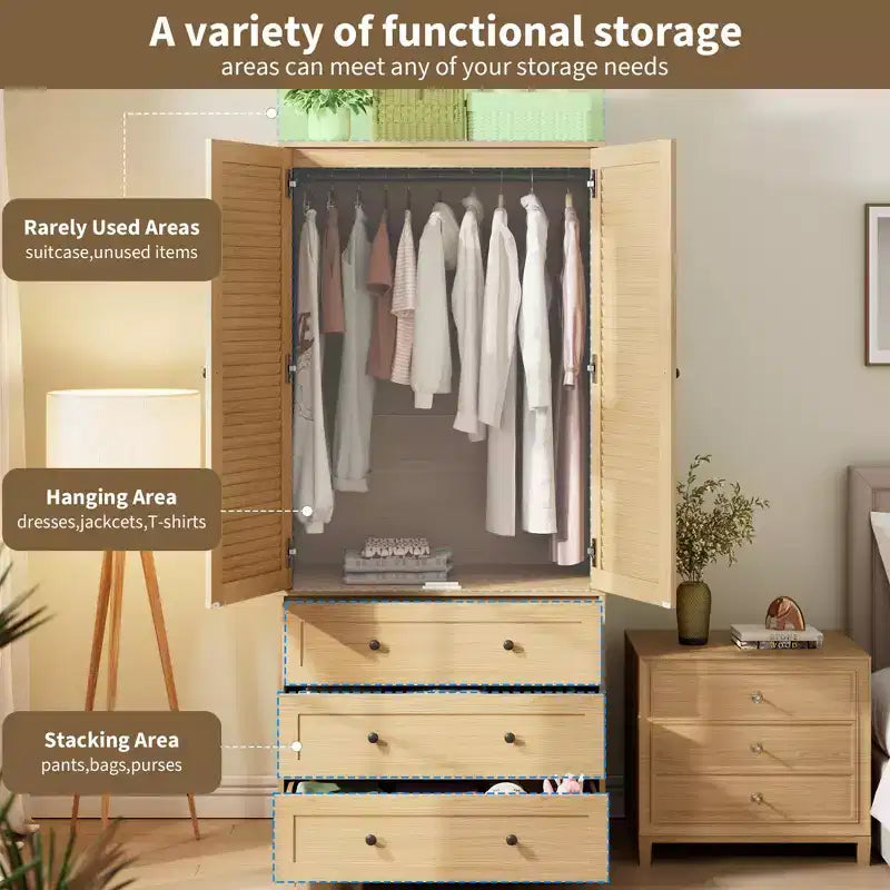 Armoire en bois de 69,5 po avec 2 portes à persiennes, garde-robe autoportante avec tringle à vêtements et grand rangement pour chambre à coucher, naturel