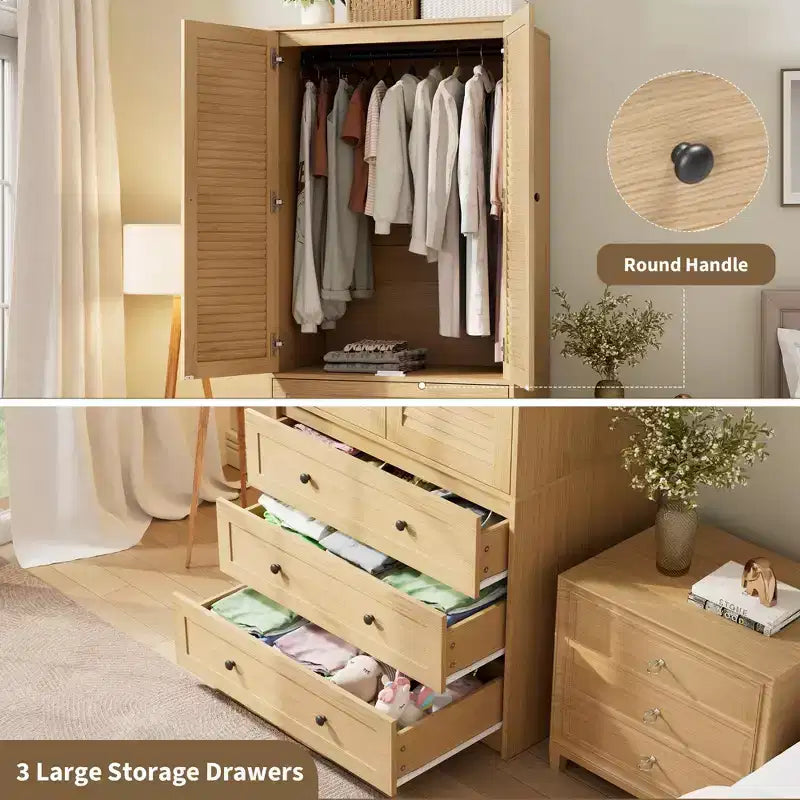 Armoire en bois de 69,5 po avec 2 portes à persiennes, garde-robe autoportante avec tringle à vêtements et grand rangement pour chambre à coucher, naturel