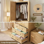 Armoire en bois de 69,5 po avec 2 portes à persiennes, garde-robe autoportante avec tringle à vêtements et grand rangement pour chambre à coucher, naturel