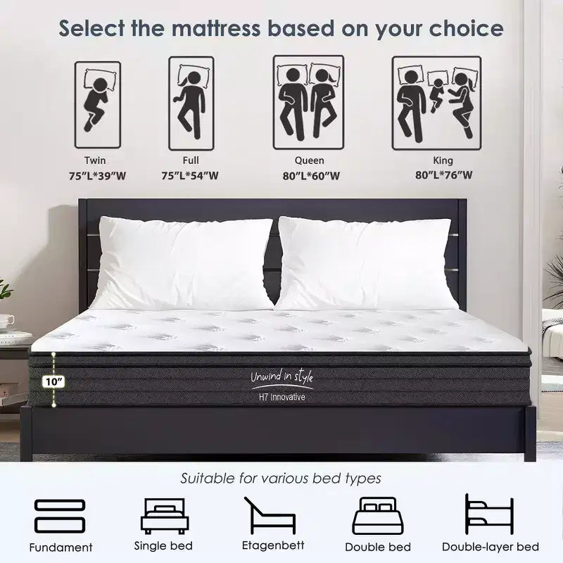 Matelas Whisen 8 Twin Hybrid en mousse à mémoire de forme, ressorts ensachés, fermeté moyenne