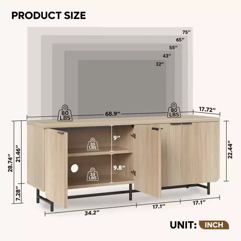 Bestier Meuble TV 70 pouces à 4 portes pour téléviseurs jusqu'à 75 pouces, console TV moderne avec 2 armoires de rangement et étagères réglables pour le salon