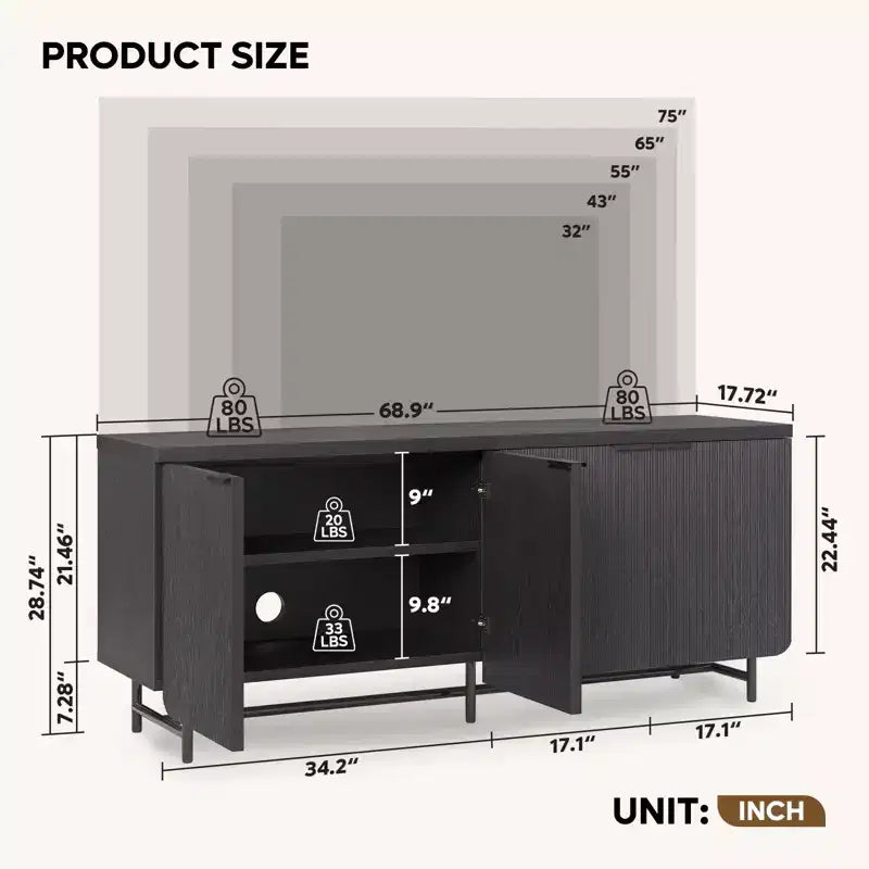 Bestier Meuble TV 70 pouces à 4 portes pour téléviseurs jusqu'à 75 pouces, console TV moderne avec 2 armoires de rangement et étagères réglables pour le salon