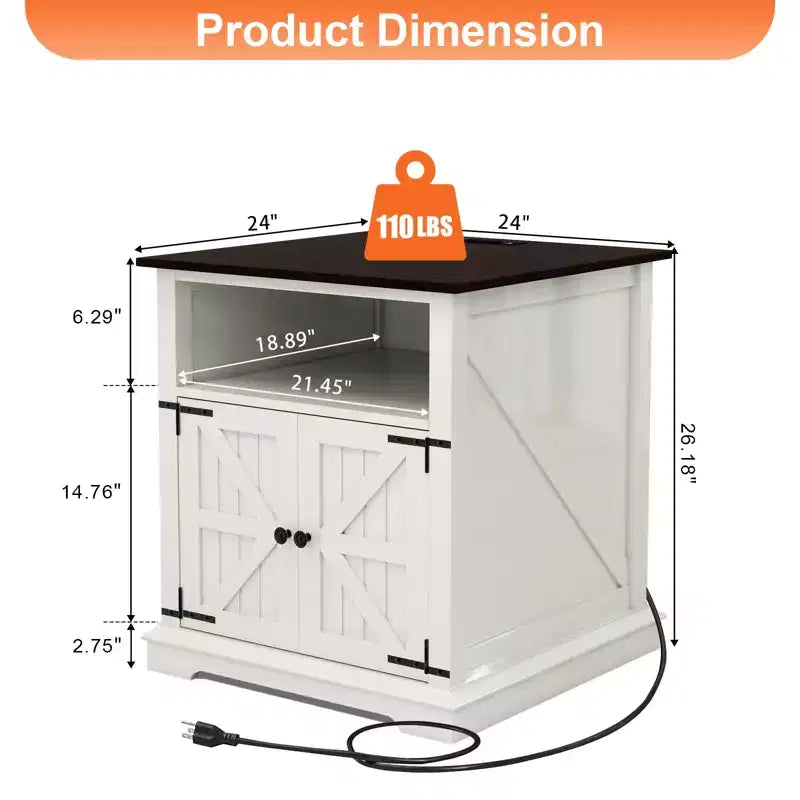 Table d'appoint Dyonery avec station de charge, tables d'appoint de salon style ferme de 61 cm, table de chevet rustique en bois, pour chambre à coucher, noir
