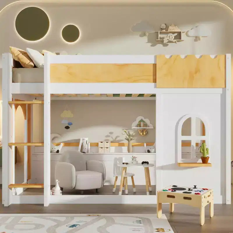 Lit superposé cabane pour enfants Polibi avec fenêtres, portes et espace de jeu ou de couchage convertible en bas