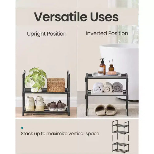 Étagère à chaussures empilable à 2 niveaux, organisateur de chaussures en métal de 37,6 cm avec capacité de 10 kg par niveau, vertical et réversible pour entrée, noir