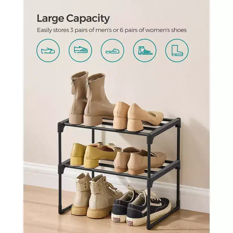 Étagère à chaussures empilable à 2 niveaux, organisateur de chaussures en métal de 37,6 cm avec capacité de 10 kg par niveau, vertical et réversible pour entrée, noir