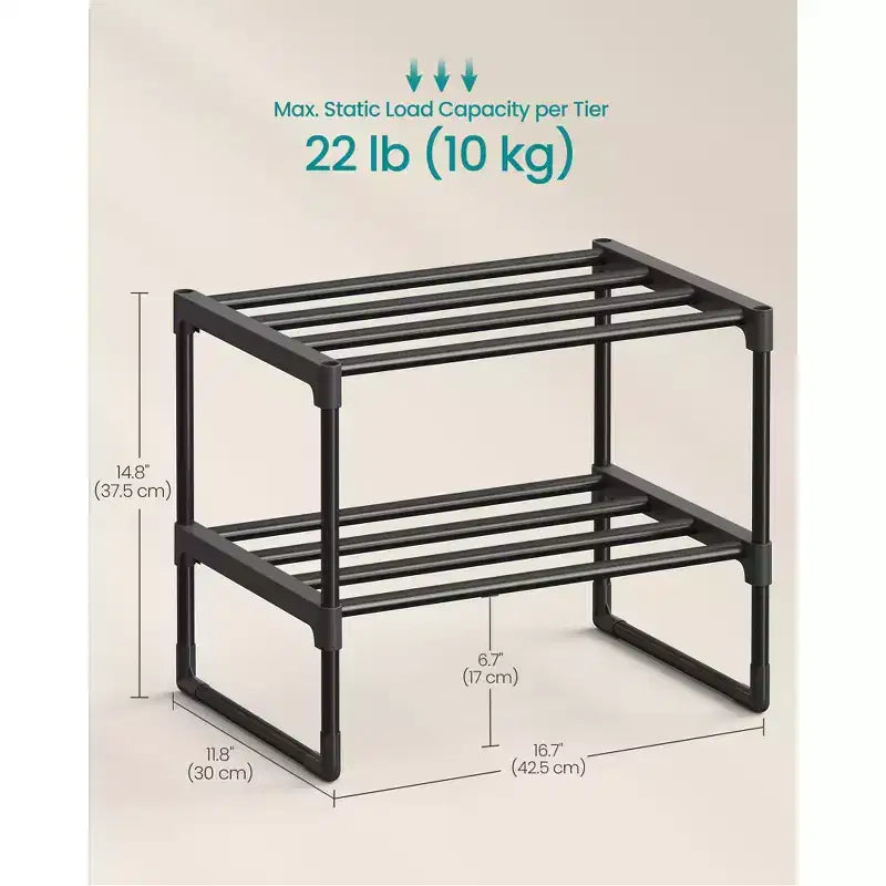 Étagère à chaussures empilable à 2 niveaux, organisateur de chaussures en métal de 37,6 cm avec capacité de 10 kg par niveau, vertical et réversible pour entrée, noir