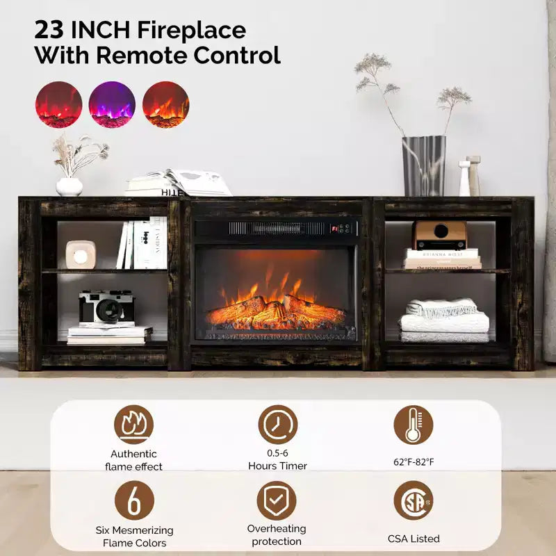Meuble TV de ferme 70 po pour téléviseurs jusqu'à 70 po avec cheminée électrique 23 po et étagères réglables