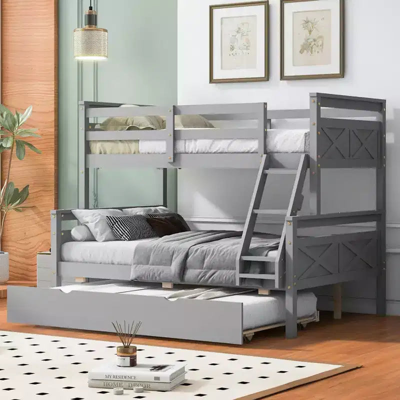Bellemave Twin over Full Bunk Bed with Staircase, Twin Trundle, Solid Wood Frame, Safety Guardrails, Space-Saving Design, Gray