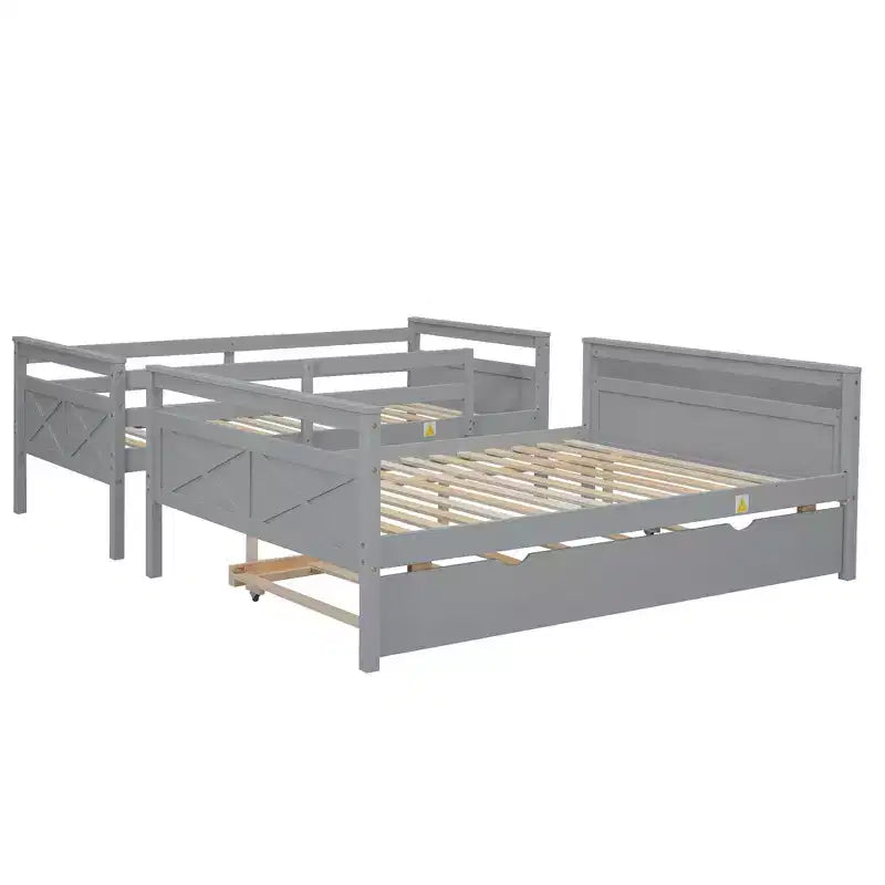 Lit superposé Bellemave double sur grand format avec escalier, lit gigogne simple, cadre en bois massif, barrières de sécurité, design peu encombrant, gris