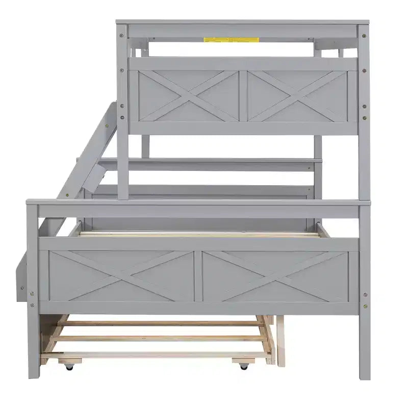 Lit superposé Bellemave double sur grand format avec escalier, lit gigogne simple, cadre en bois massif, barrières de sécurité, design peu encombrant, gris
