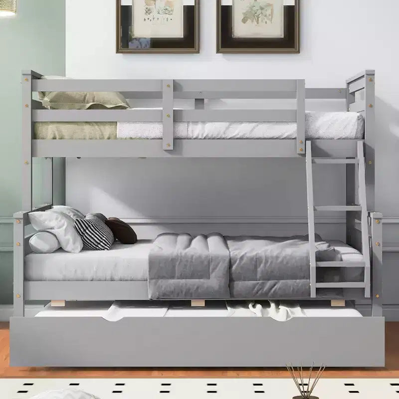 Lit superposé Bellemave double sur grand format avec escalier, lit gigogne simple, cadre en bois massif, barrières de sécurité, design peu encombrant, gris