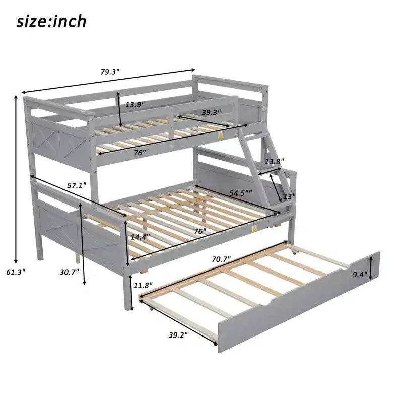 Lit superposé Bellemave double sur grand format avec escalier, lit gigogne simple, cadre en bois massif, barrières de sécurité, design peu encombrant, gris