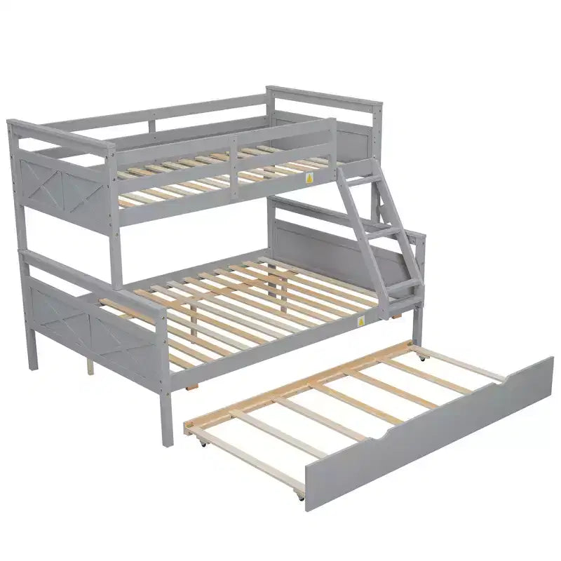 Lit superposé Bellemave double sur grand format avec escalier, lit gigogne simple, cadre en bois massif, barrières de sécurité, design peu encombrant, gris