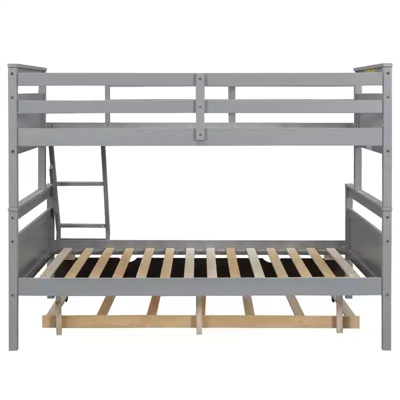 Lit superposé Bellemave double sur grand format avec escalier, lit gigogne simple, cadre en bois massif, barrières de sécurité, design peu encombrant, gris