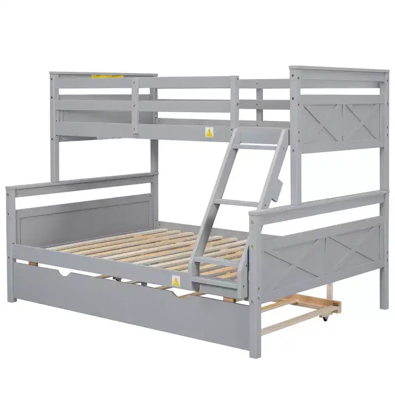 Lit superposé Bellemave double sur grand format avec escalier, lit gigogne simple, cadre en bois massif, barrières de sécurité, design peu encombrant, gris