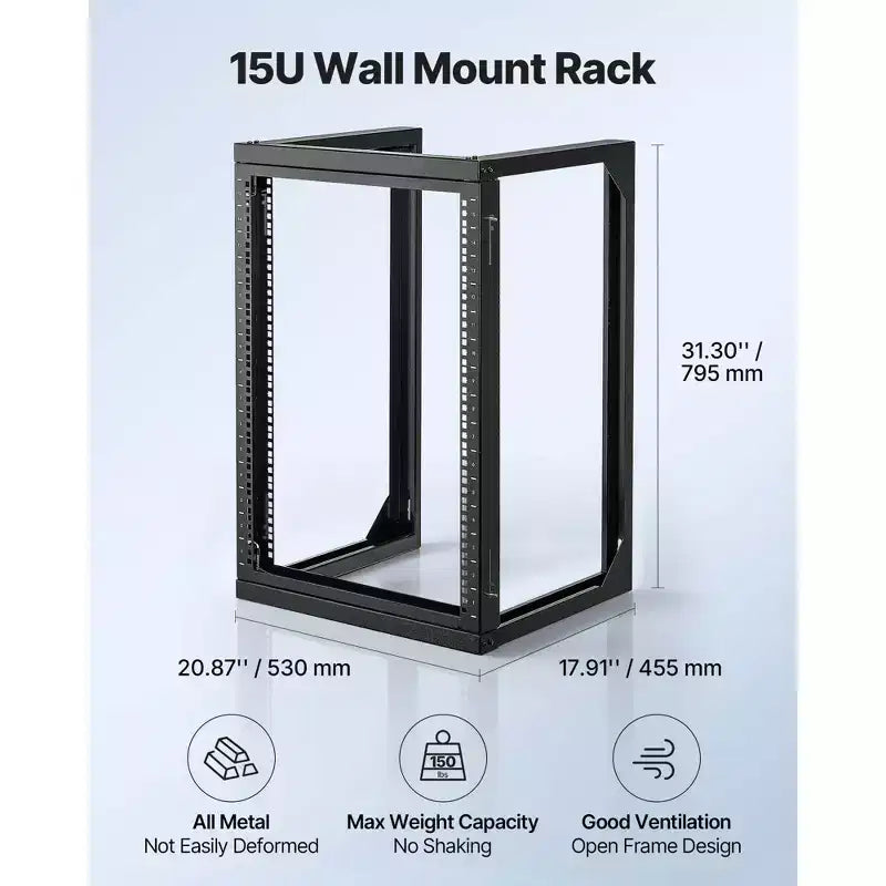 VEVOR Armoire murale pour serveur 15U, capacité de charge maximale de 68 kg, rack réseau ouvert avec bras oscillant à 180 degrés, acier au carbone, noir