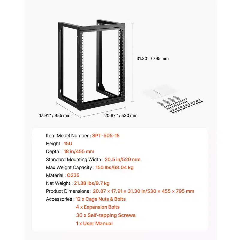 VEVOR Armoire murale pour serveur 15U, capacité de charge maximale de 68 kg, rack réseau ouvert avec bras oscillant à 180 degrés, acier au carbone, noir
