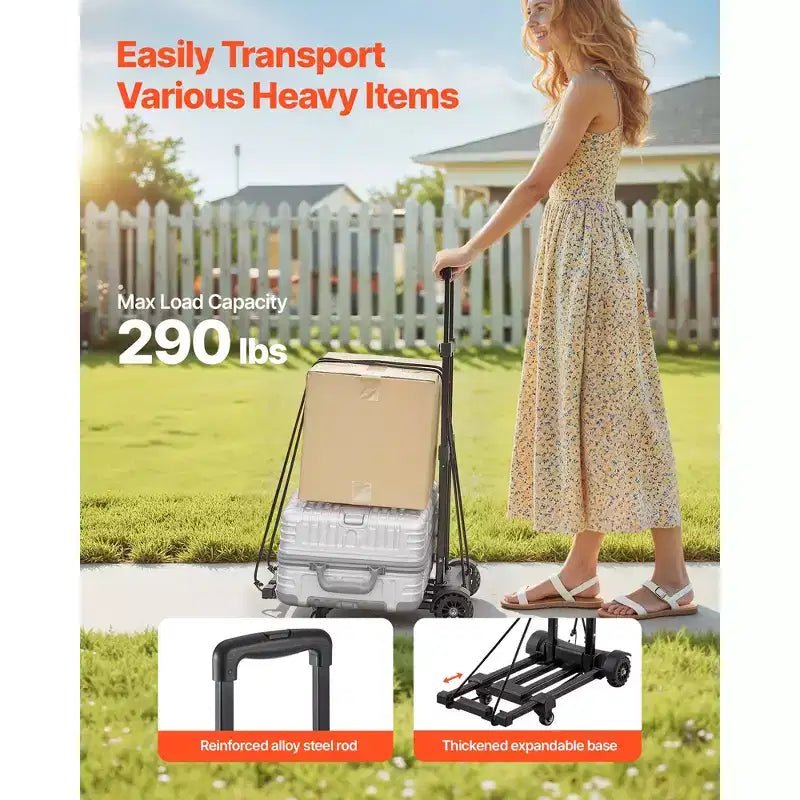 Diable pliant VEVOR, capacité de charge de 130 kg, chariot à bagages pliable à 4 roues, 2 cordons élastiques et base extensible, noir