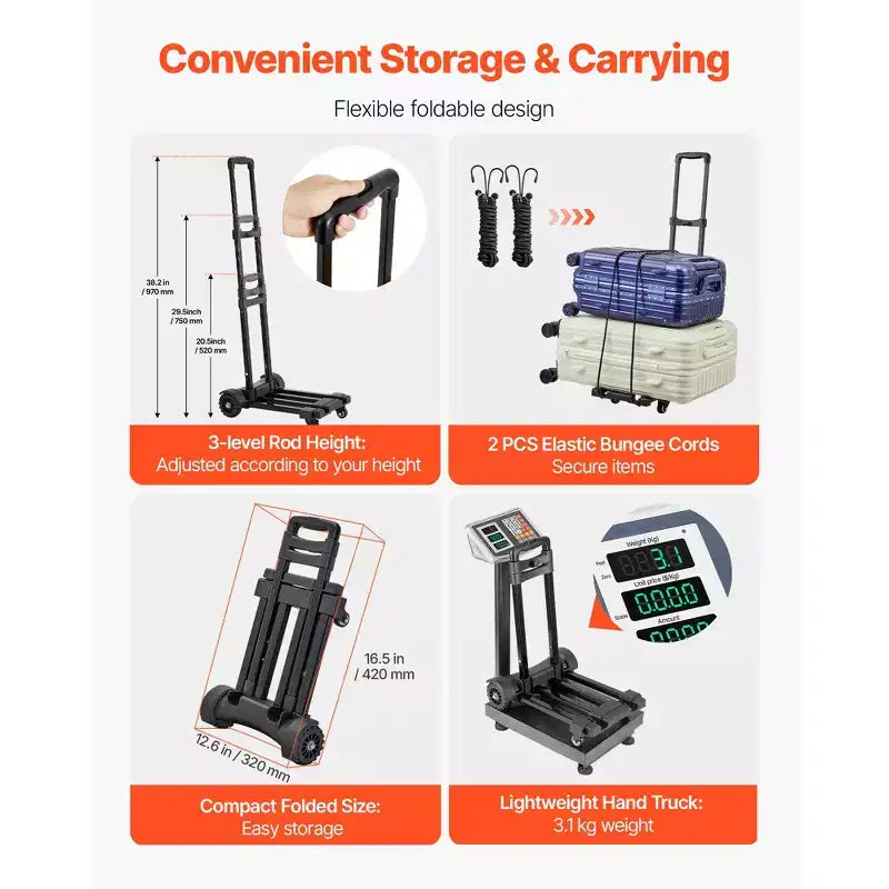 Diable pliant VEVOR, capacité de charge de 130 kg, chariot à bagages pliable à 4 roues, 2 cordons élastiques et base extensible, noir