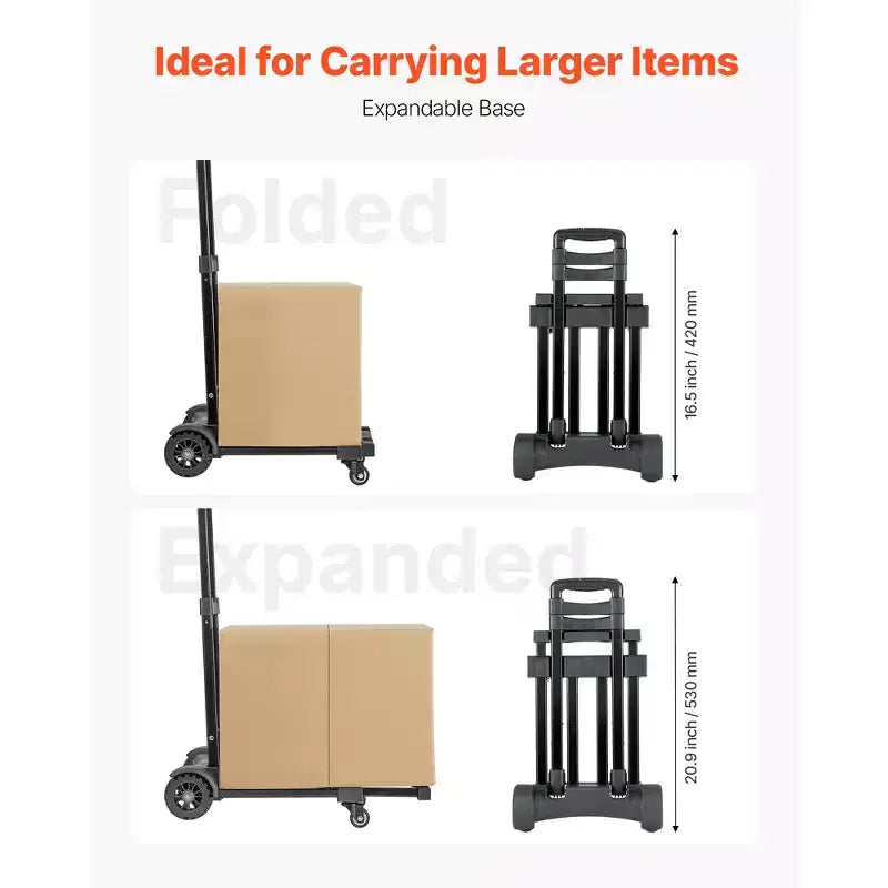 Diable pliant VEVOR, capacité de charge de 130 kg, chariot à bagages pliable à 4 roues, 2 cordons élastiques et base extensible, noir