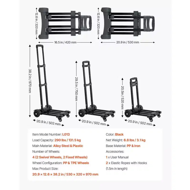 Diable pliant VEVOR, capacité de charge de 130 kg, chariot à bagages pliable à 4 roues, 2 cordons élastiques et base extensible, noir