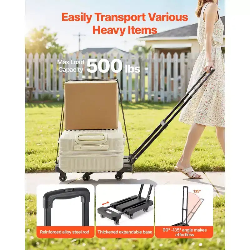 Diable pliant VEVOR, capacité de charge de 227 kg, chariot à bagages pliable à 6 roues, 2 cordes élastiques et base extensible, noir