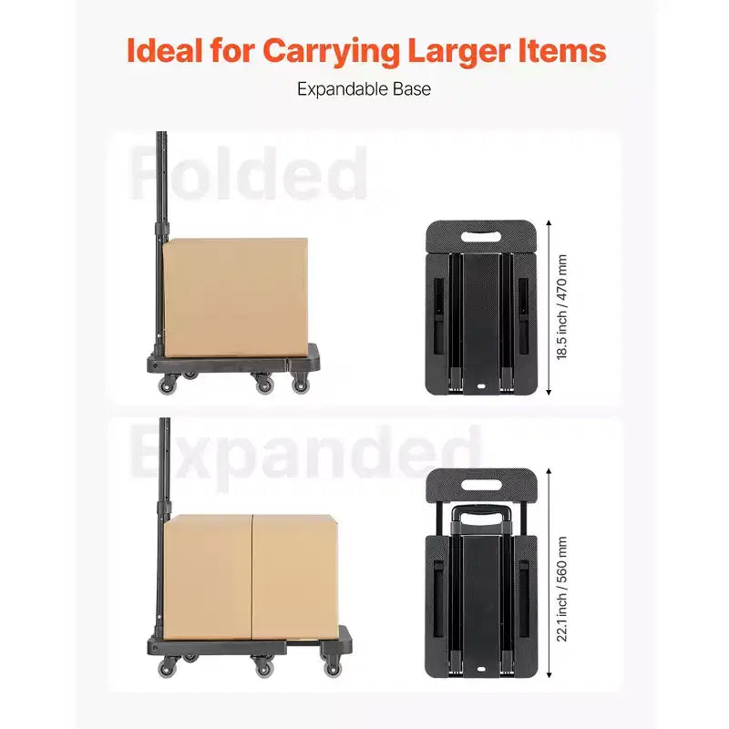 Diable pliant VEVOR, capacité de charge de 227 kg, chariot à bagages pliable à 6 roues, 2 cordes élastiques et base extensible, noir
