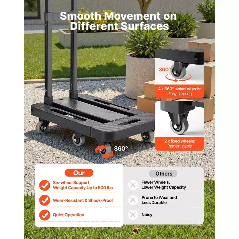 Diable pliant VEVOR, capacité de charge de 227 kg, chariot à bagages pliable à 6 roues, 2 cordes élastiques et base extensible, noir