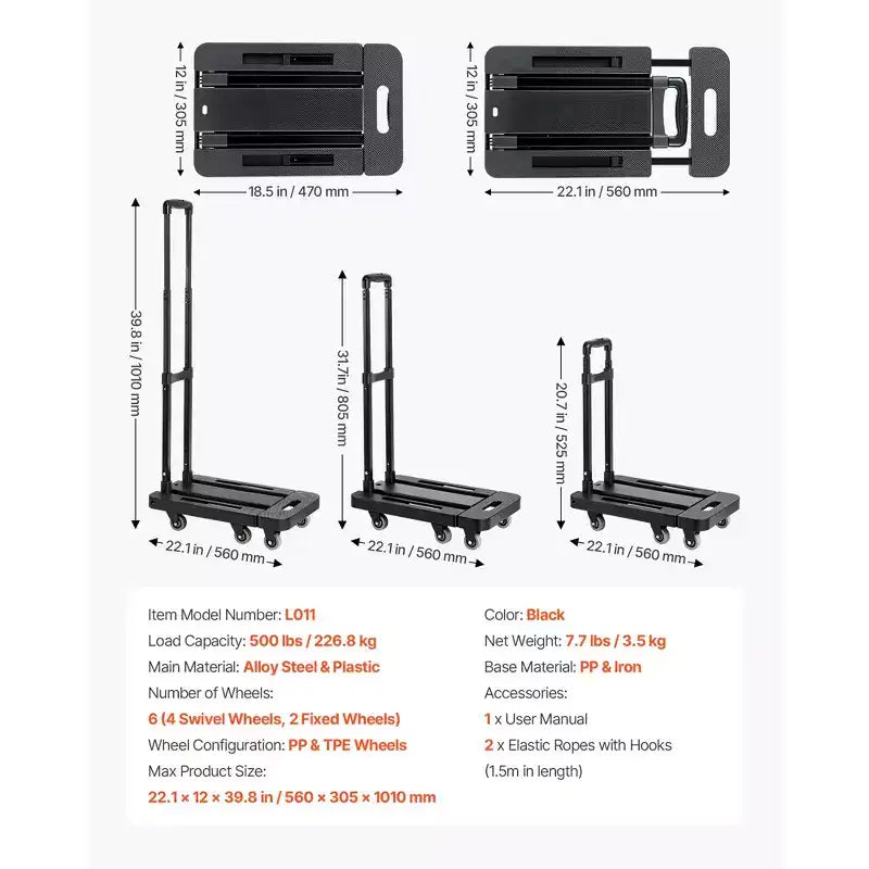 Diable pliant VEVOR, capacité de charge de 227 kg, chariot à bagages pliable à 6 roues, 2 cordes élastiques et base extensible, noir