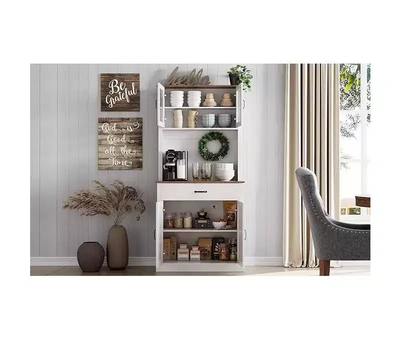 Meuble de rangement haut pour garde-manger - Armoires de cuisine avec support pour micro-ondes, portes en verre cannelé, tiroir, étagères réglables - Parfait pour les salles à manger