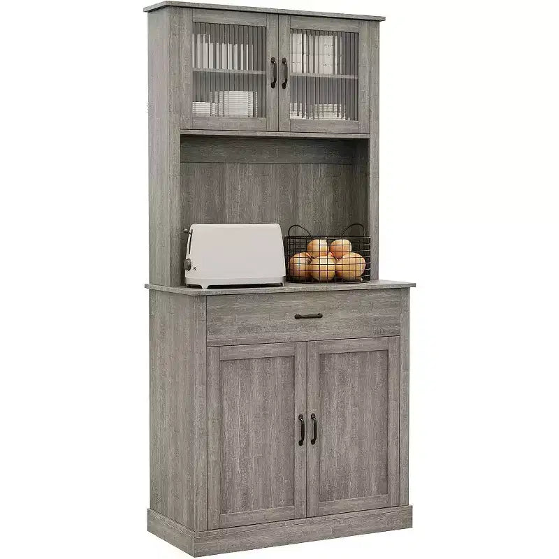 Meuble de rangement haut pour garde-manger - Armoires de cuisine avec support pour micro-ondes, portes en verre cannelé, tiroir, étagères réglables - Parfait pour les salles à manger