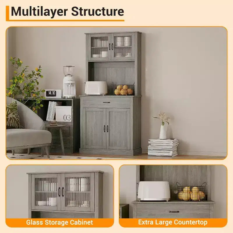Meuble de rangement haut pour garde-manger - Armoires de cuisine avec support pour micro-ondes, portes en verre cannelé, tiroir, étagères réglables - Parfait pour les salles à manger