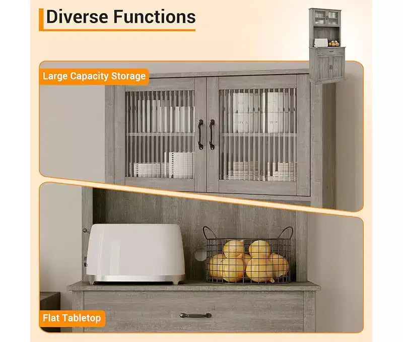 Meuble de rangement haut pour garde-manger - Armoires de cuisine avec support pour micro-ondes, portes en verre cannelé, tiroir, étagères réglables - Parfait pour les salles à manger