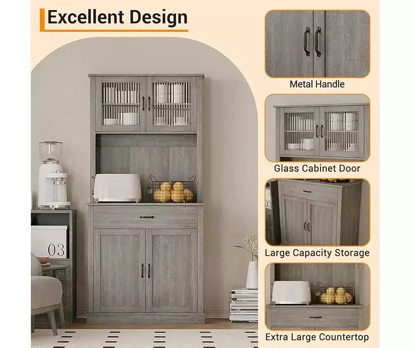 Meuble de rangement haut pour garde-manger - Armoires de cuisine avec support pour micro-ondes, portes en verre cannelé, tiroir, étagères réglables - Parfait pour les salles à manger
