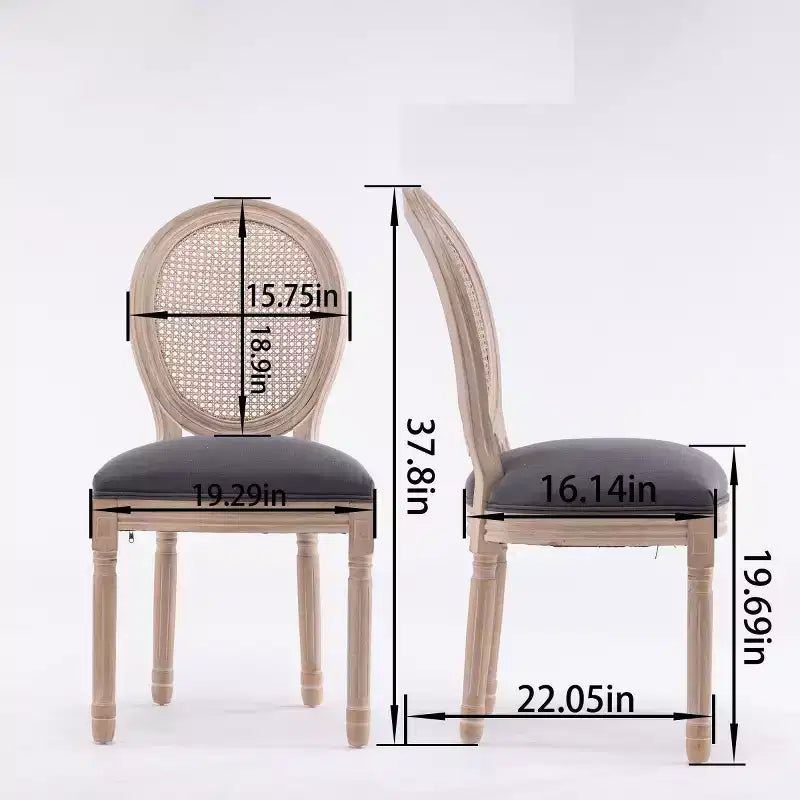 Lot de 2 chaises de salle à manger rustiques françaises rembourrées avec dossier en rotin, chaises de cuisine sans accoudoirs en bois massif de style ferme pour salle à manger - Panipeachy