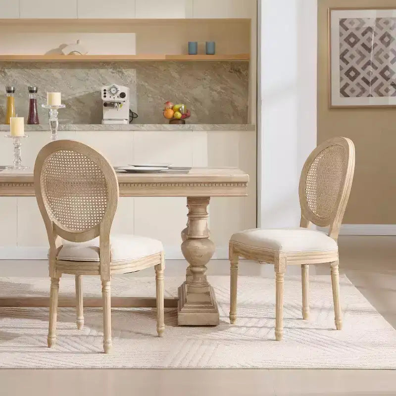 Lot de 2 chaises de salle à manger rustiques françaises rembourrées avec dossier en rotin, chaises de cuisine sans accoudoirs en bois massif de style ferme pour salle à manger - Panipeachy
