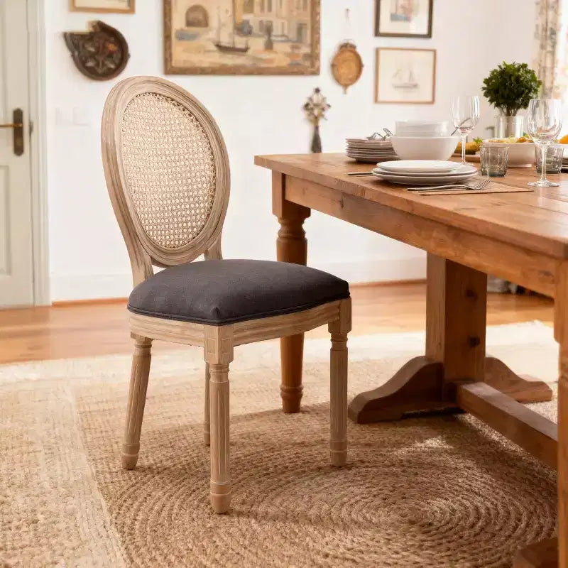 Lot de 2 chaises de salle à manger rustiques françaises rembourrées avec dossier en rotin, chaises de cuisine sans accoudoirs en bois massif de style ferme pour salle à manger - Panipeachy