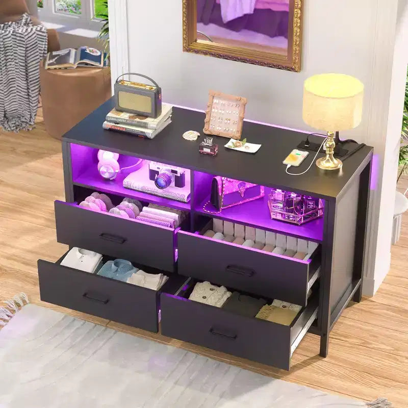 Commode de chambre Besiost avec lumières LED et prises de courant, commode meuble TV avec 4 tiroirs