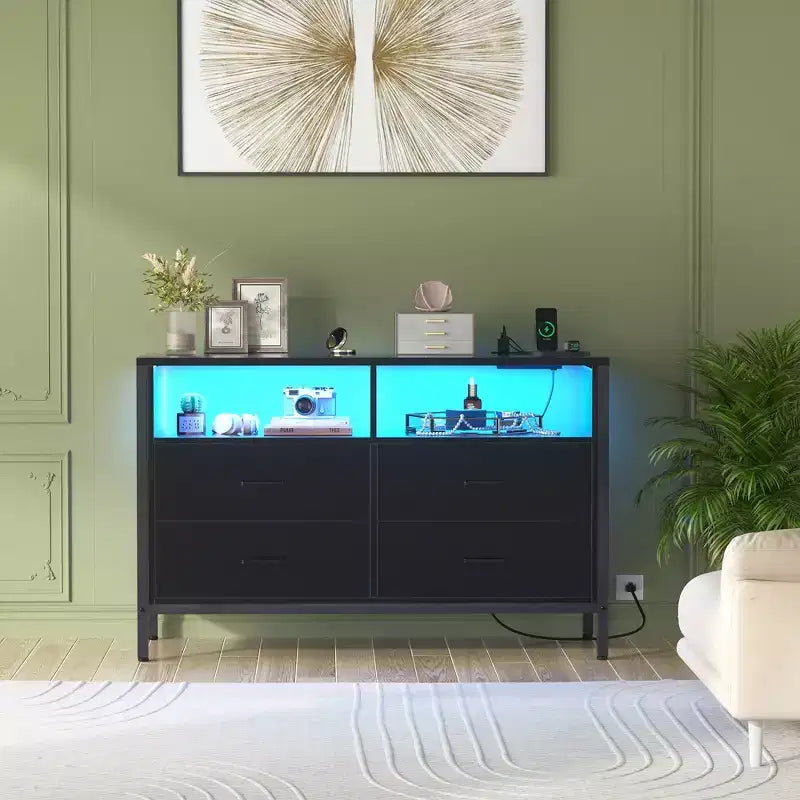 Commode de chambre Besiost avec lumières LED et prises de courant, commode meuble TV avec 4 tiroirs