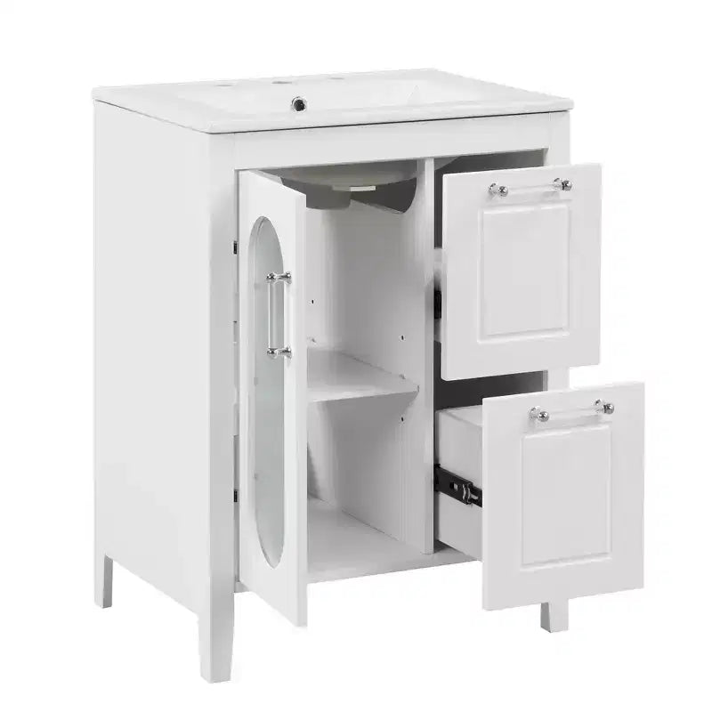 MAYEERTY 24 Meuble-lavabo avec évier 2 tiroirs 1 porte Étagère réglable Bois massif MDF Blanc