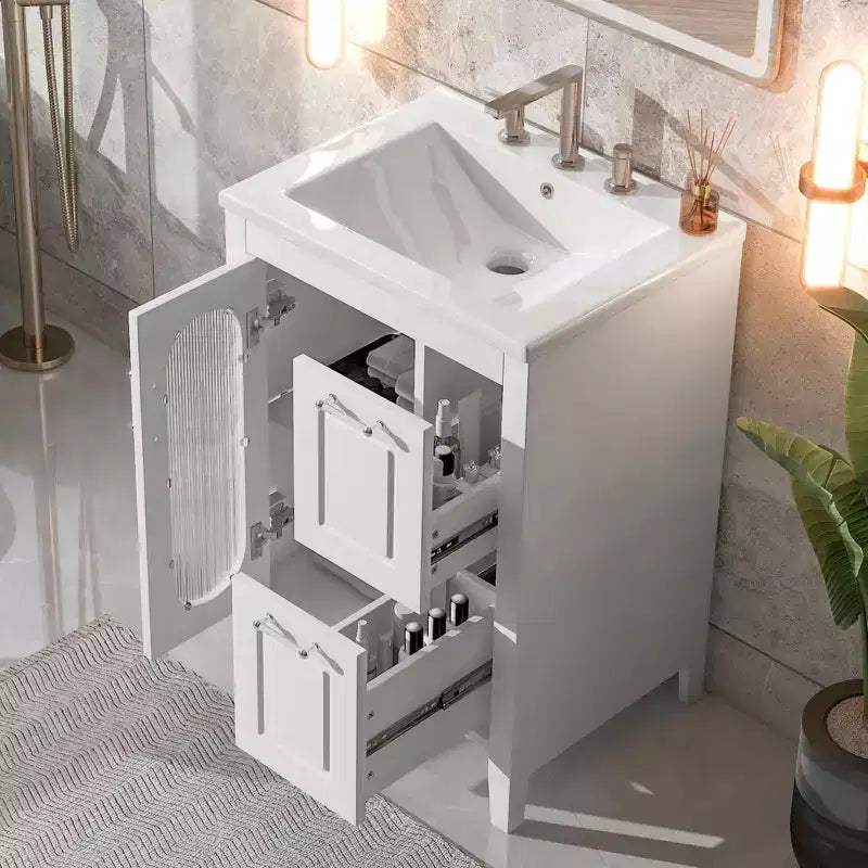 MAYEERTY 24 Meuble-lavabo avec évier 2 tiroirs 1 porte Étagère réglable Bois massif MDF Blanc
