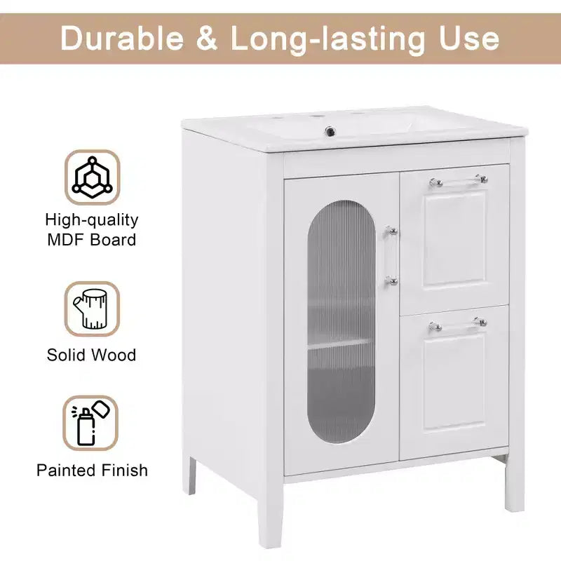 MAYEERTY 24 Meuble-lavabo avec évier 2 tiroirs 1 porte Étagère réglable Bois massif MDF Blanc