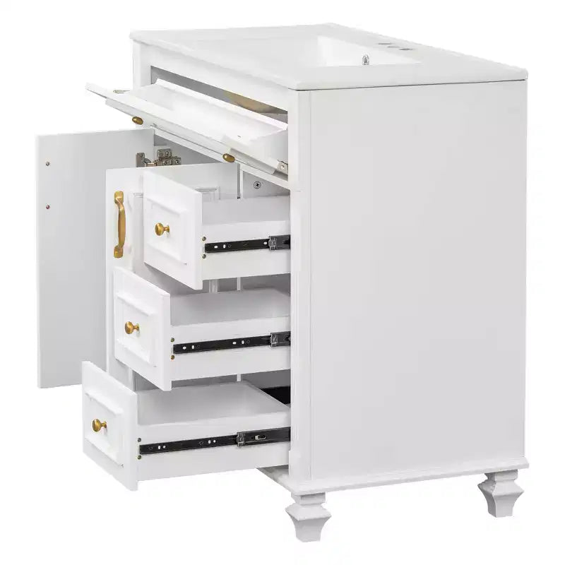 MAYEERTY Meuble de salle de bain 91 cm avec lavabo, armoire blanche, tiroir basculant, 3 tiroirs, 2 portes à fermeture douce, bois massif MDF, quincaillerie dorée