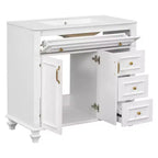 MAYEERTY Meuble de salle de bain 91 cm avec lavabo, armoire blanche, tiroir basculant, 3 tiroirs, 2 portes à fermeture douce, bois massif MDF, quincaillerie dorée